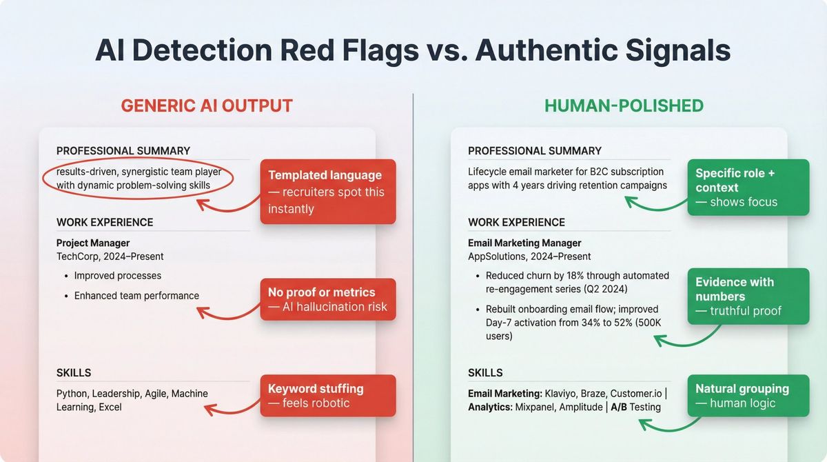 Side-by-side comparison showing AI-generated resume red flags vs human-polished application with authentic signals