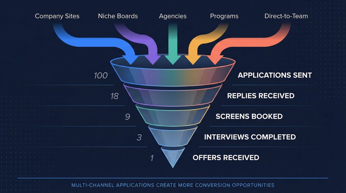 Job application pipeline funnel showing 5 channels feeding into conversion stages from applications sent to offers received