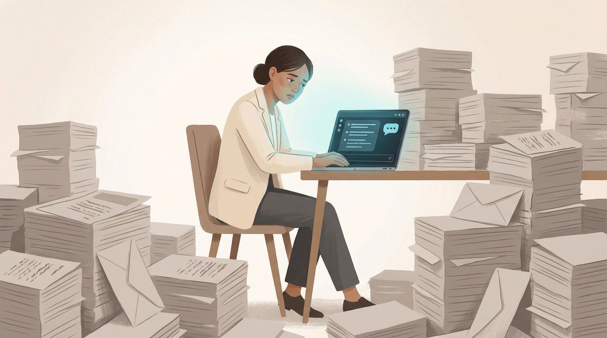 Overwhelmed job seeker surrounded by stacks of generic applications, with a calm AI assistant interface offering focused, specific guidance
