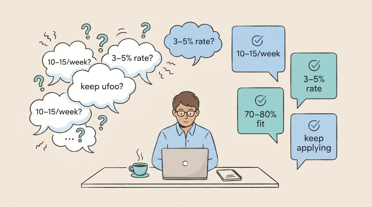 Editorial illustration of a job seeker at a desk with FAQ bubbles showing weekly targets and interview rate benchmarks resolved into clear answers