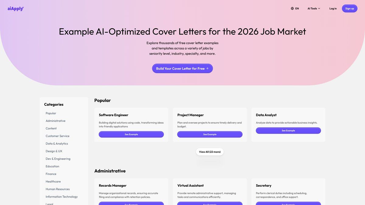 AIApply cover letter examples library showing AI-optimized cover letter templates organized by job role and industry, including Software Engineer, Data Analyst, and Project Manager examples