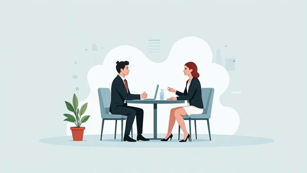 Man and woman having a formal discussion at a table.