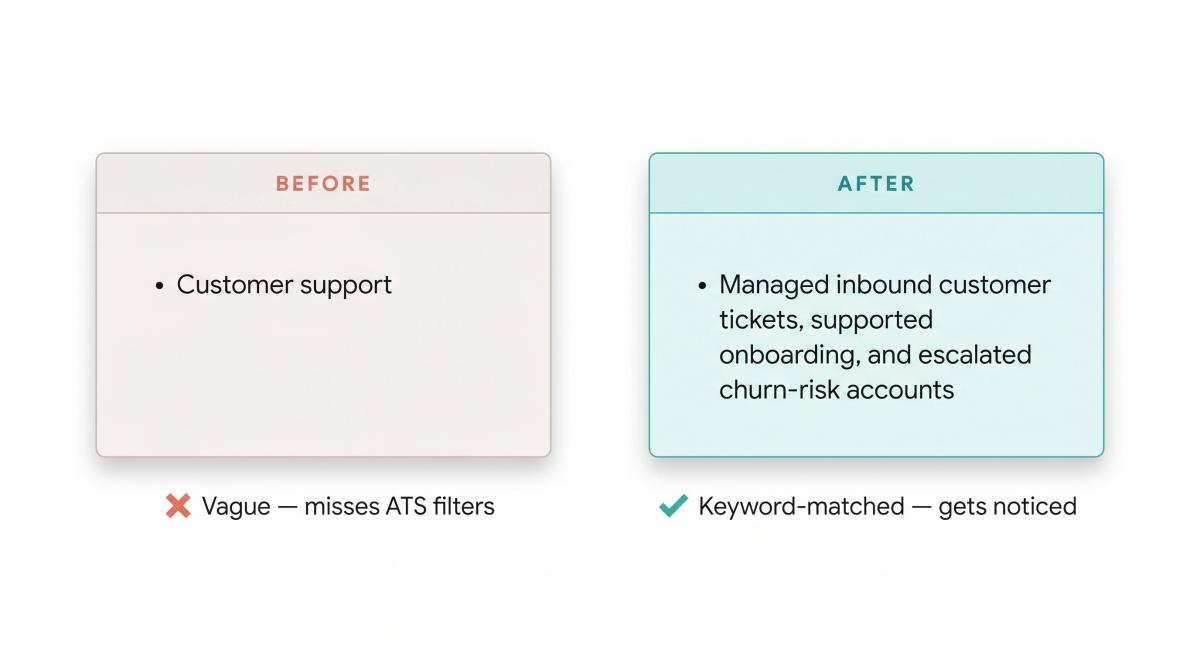 Side-by-side resume bullet comparison: generic 'Customer support' vs tailored ATS-optimized version with specific keywords