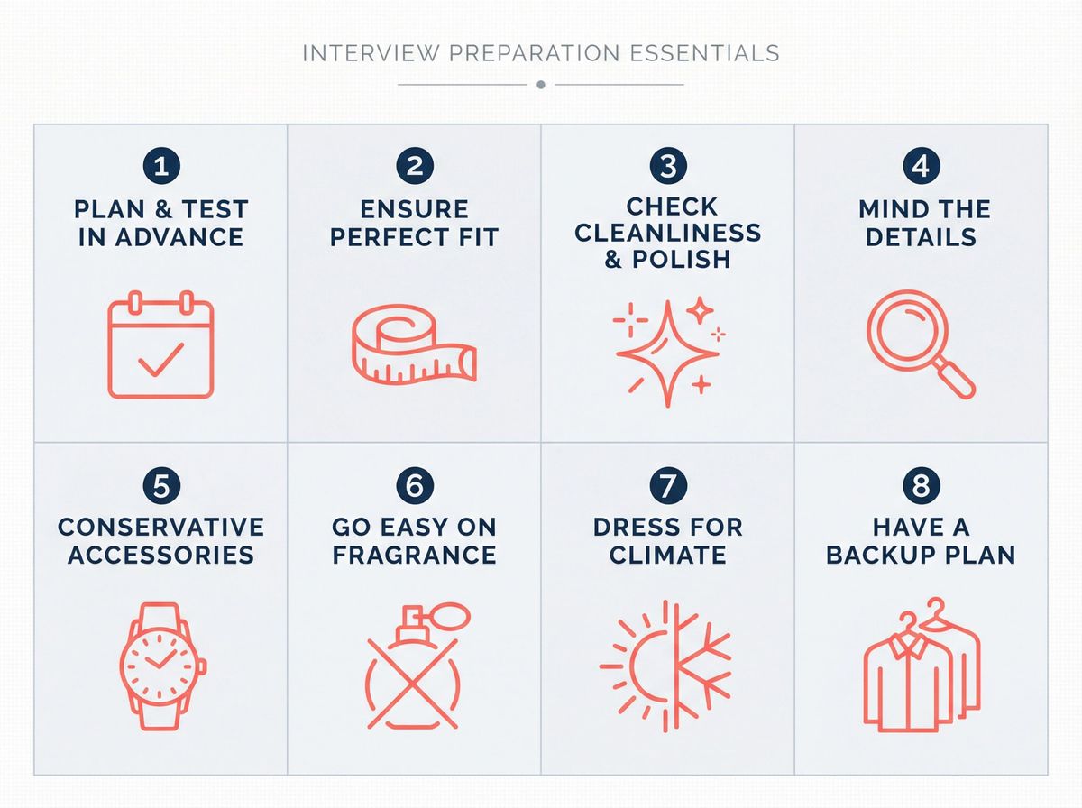 Modern editorial infographic showcasing 8 essential interview outfit preparation tips in a clean, professional layout