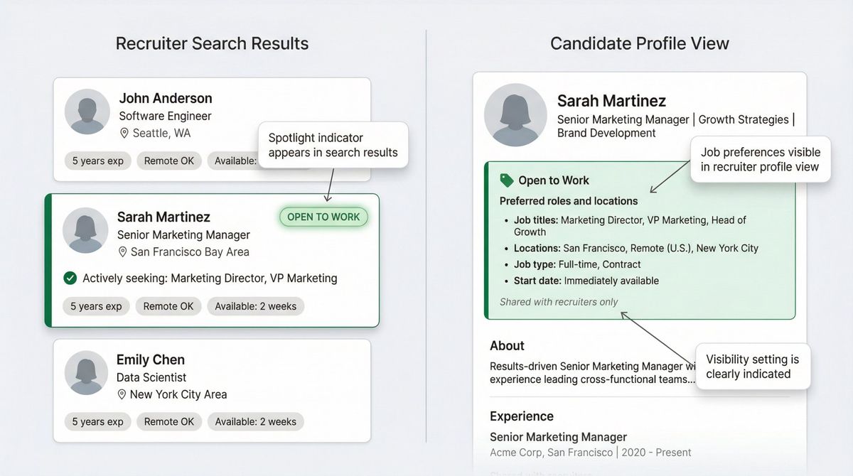 Split-screen view showing how recruiters see Open to Work candidates in LinkedIn Recruiter search results and profile pages