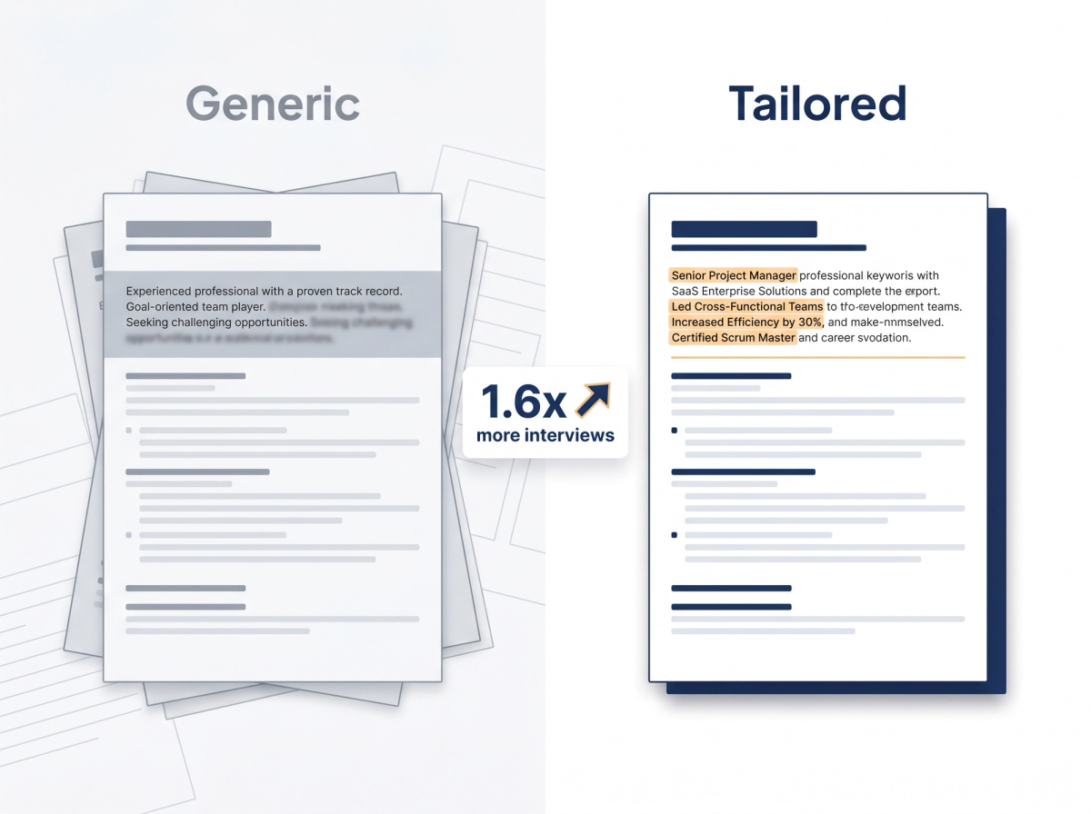 Side-by-side comparison of a generic resume summary versus a tailored, role-specific resume summary showing the difference in specificity and impact