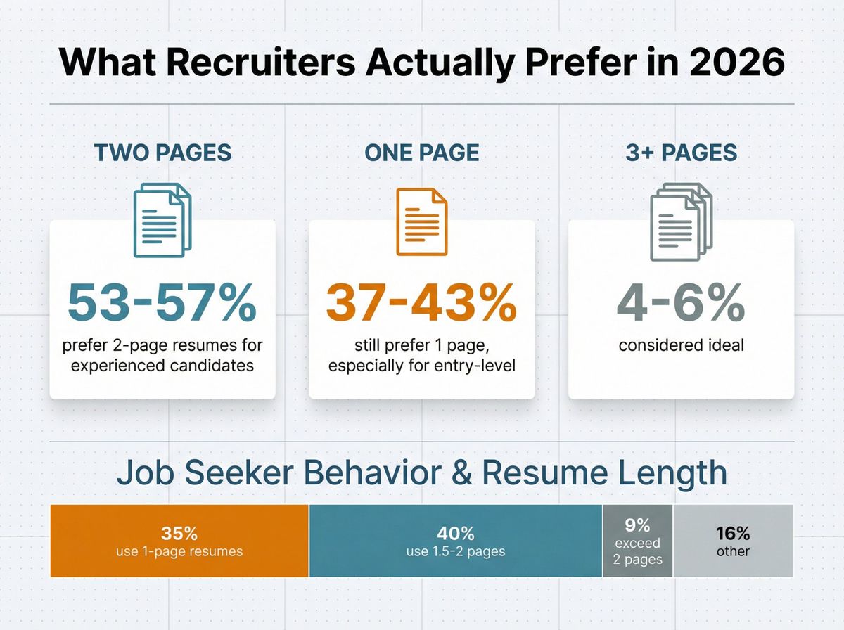 Data visualization showing recruiter resume length preferences: 53-57% prefer 2 pages, 37-43% prefer 1 page, only 4-6% want 3+ pages