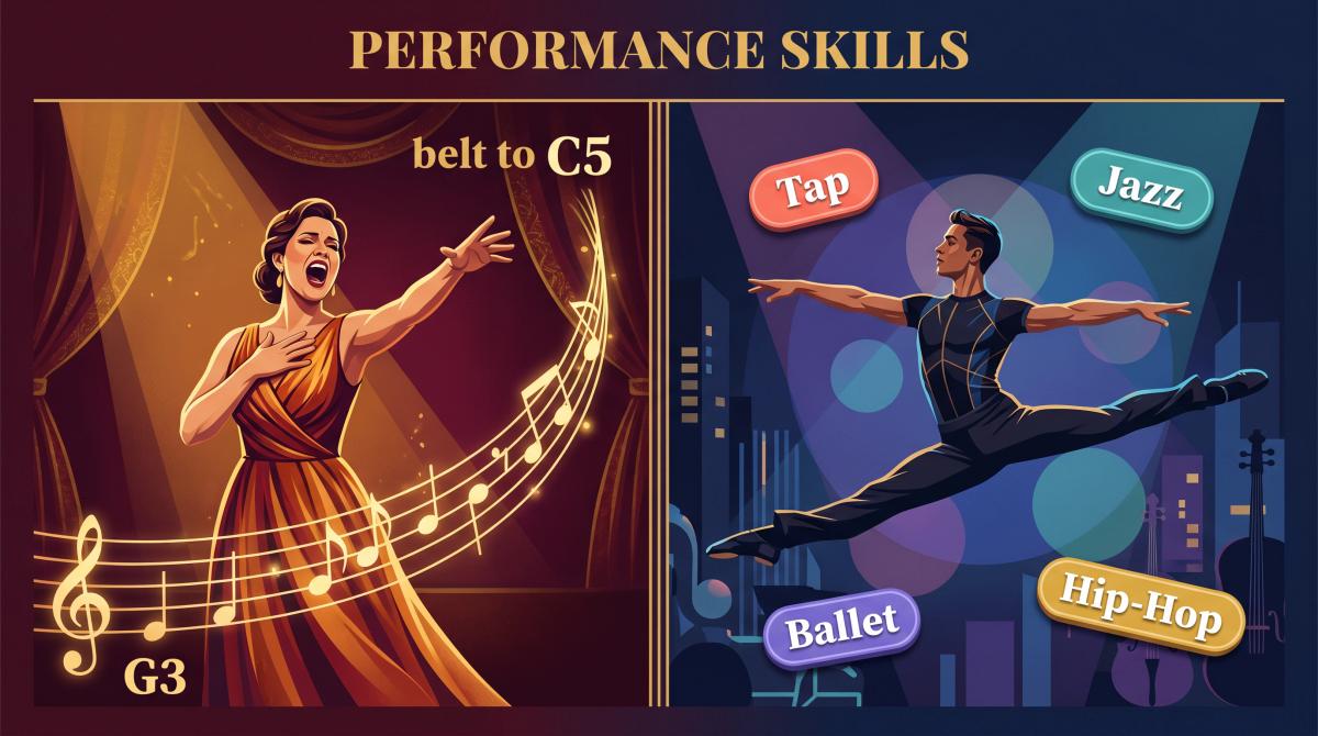 Split editorial illustration of a singer showing vocal range on a music staff and a dancer mid-leap with dance style labels