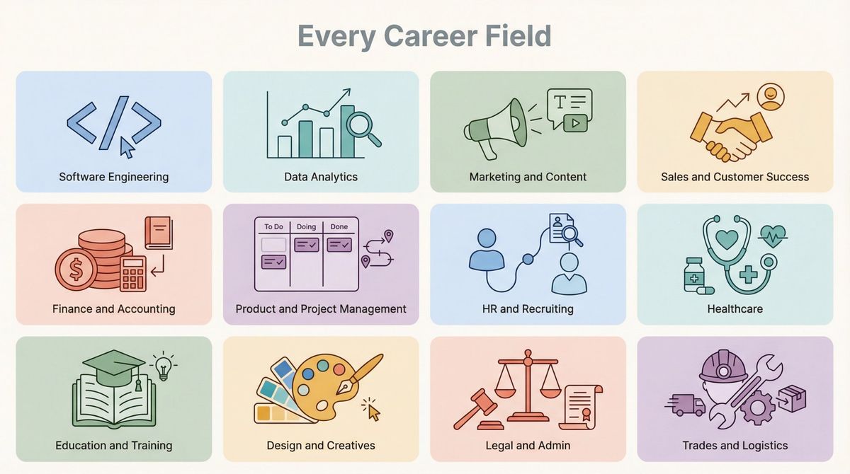 Editorial illustration of 12 career field icons representing software, data, marketing, sales, finance, product, HR, healthcare, education, design, legal, and trades