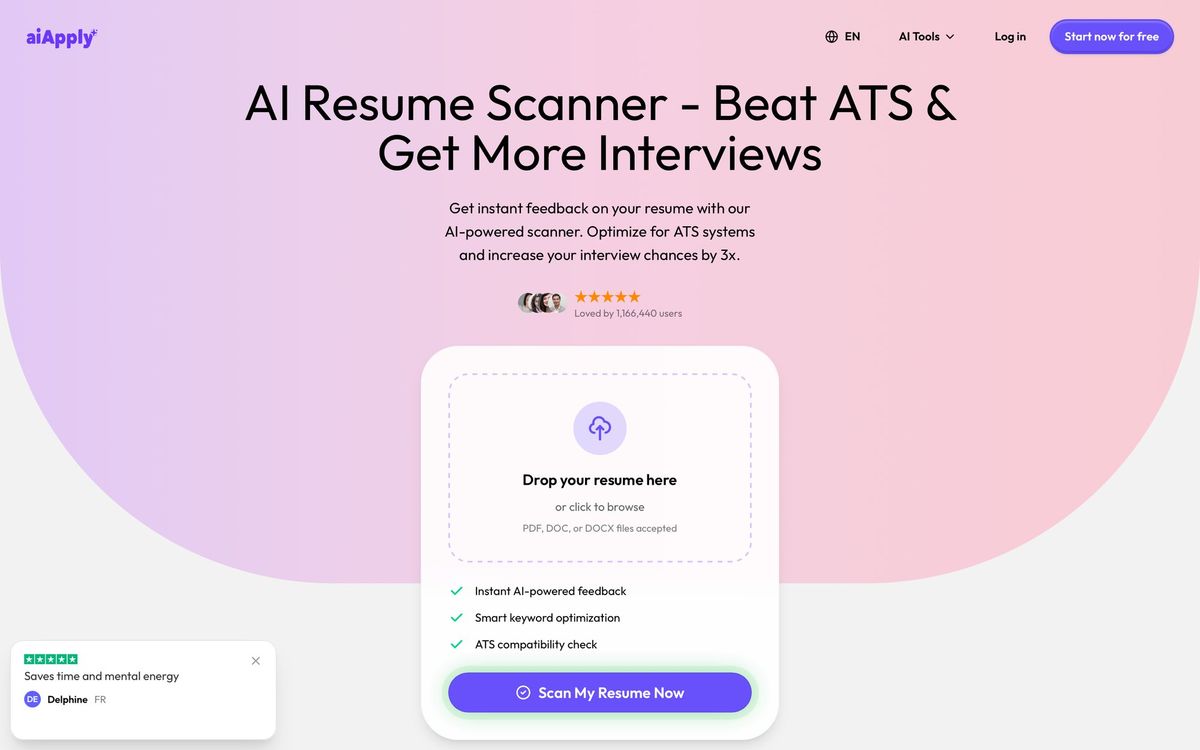 AIApply landing page for an AI resume scanner, with features for ATS optimization.
