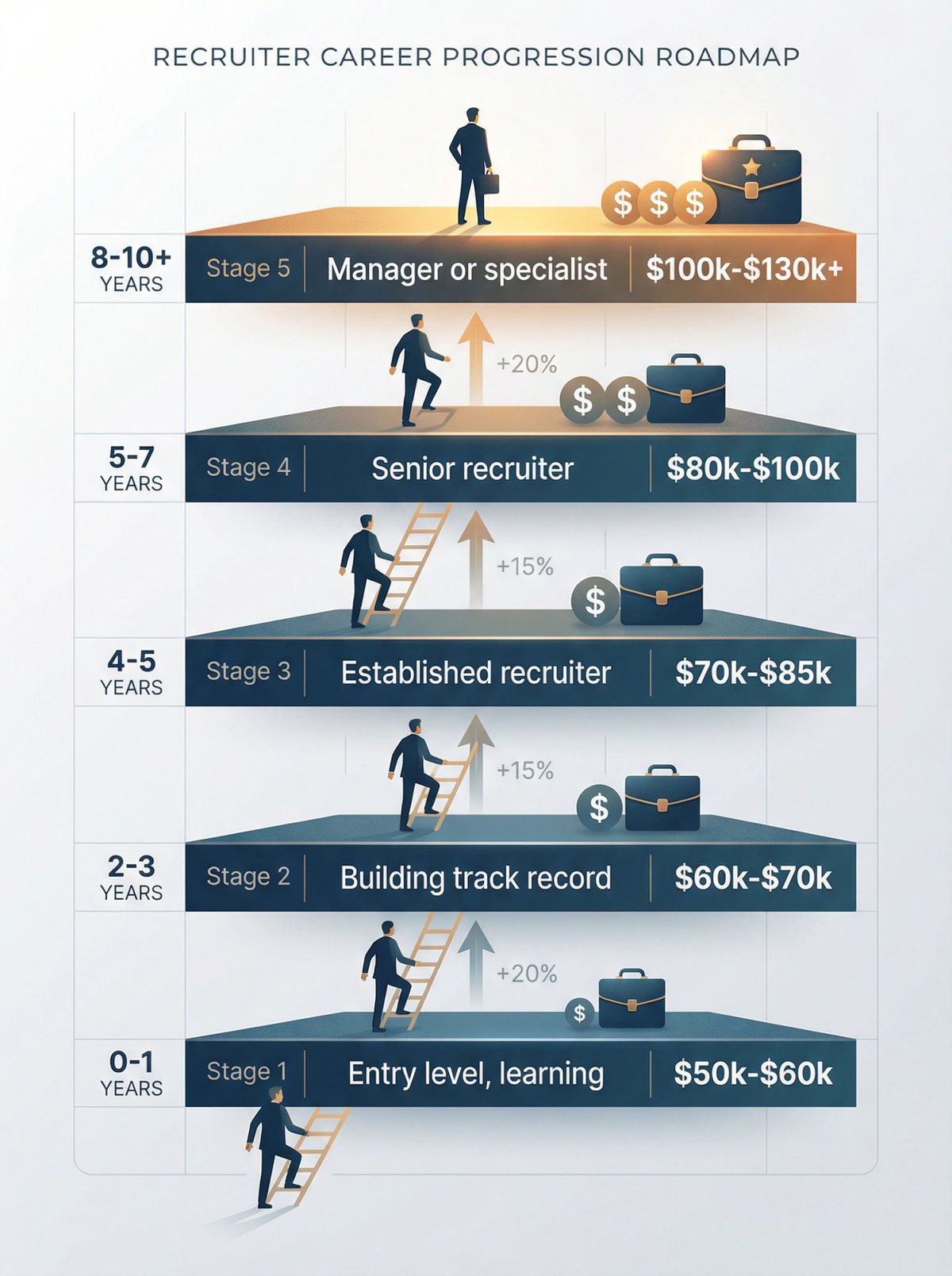 5-stage recruiter career progression ladder showing salary growth from entry-level $50k-$60k to manager/director $100k-$130k+ over 10 years
