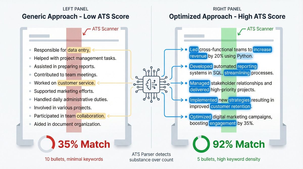 Split comparison showing ATS scanning two resumes: left side with 10 generic bullets getting low keyword match, right side with 5 keyword-optimized bullets achieving high ATS score