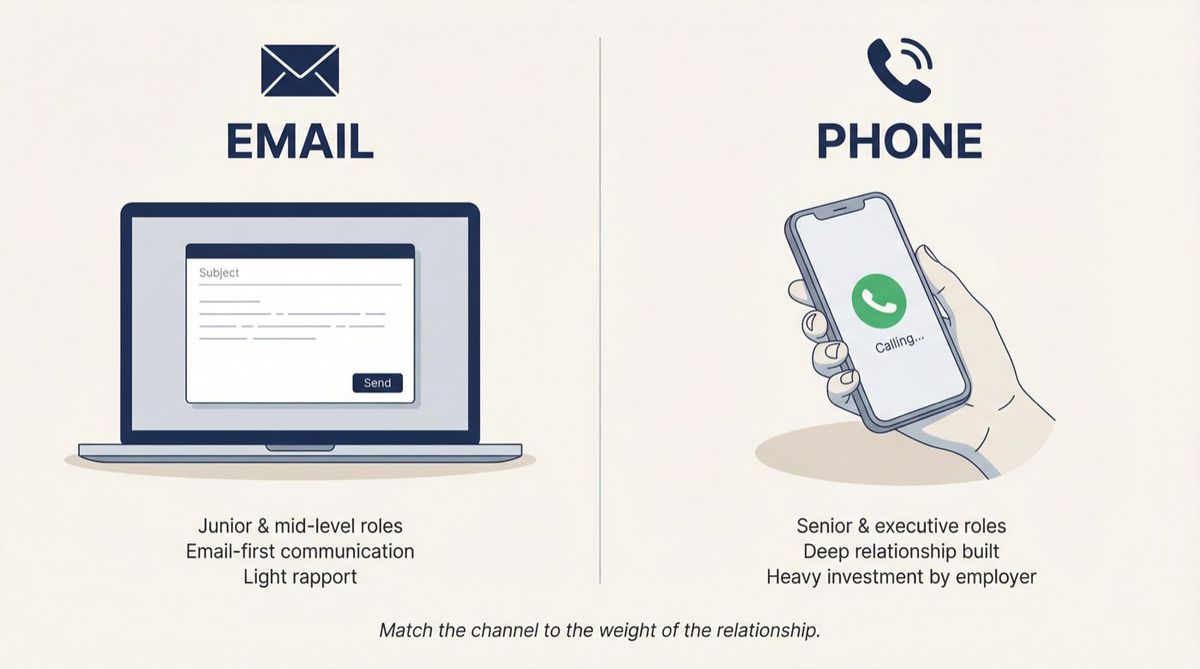 Split-screen editorial illustration comparing email vs phone call for declining a job offer professionally
