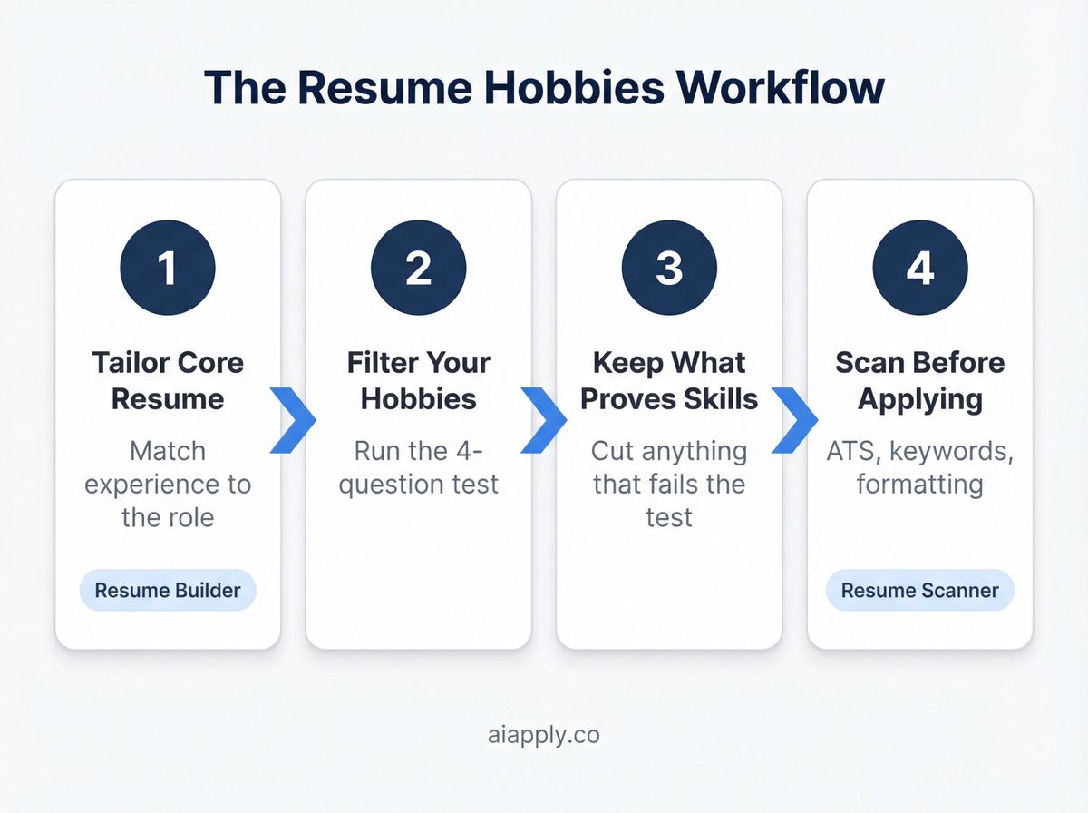 4-step workflow infographic for adding hobbies to a resume, featuring AIApply Resume Builder and Resume Scanner