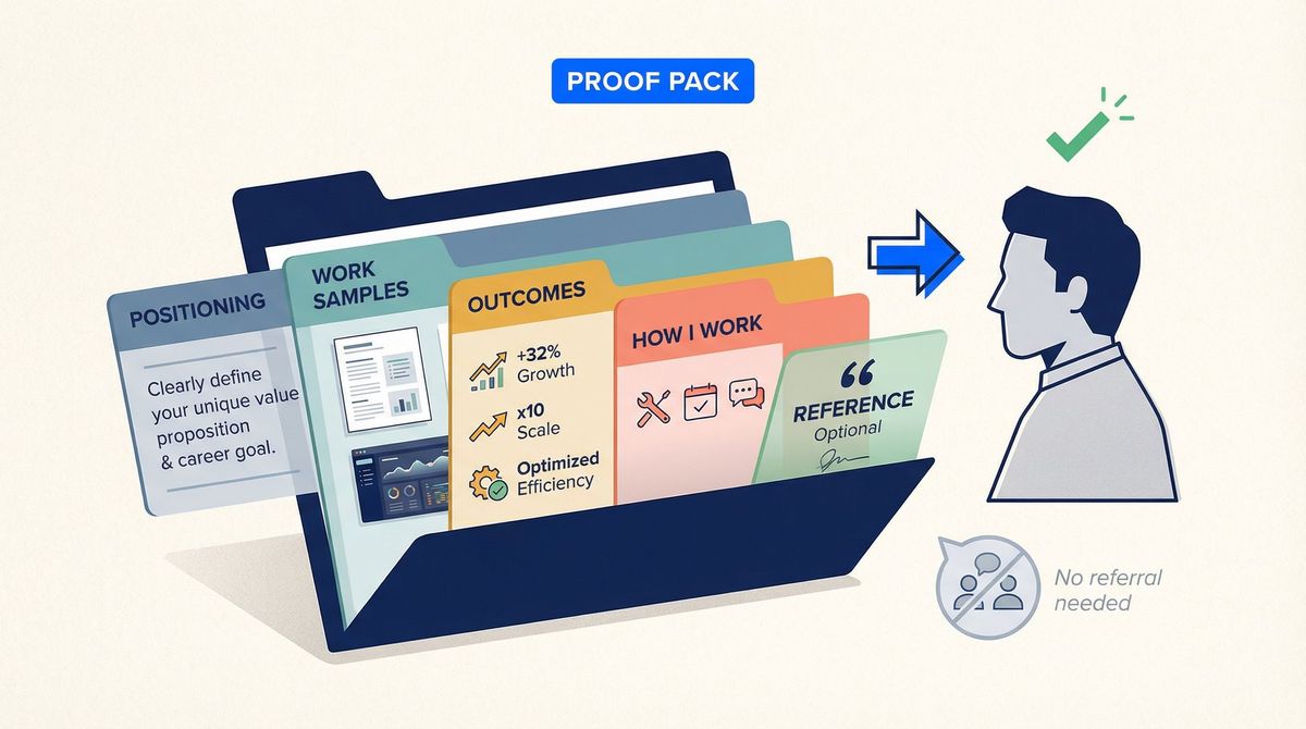 Anatomy of a Proof Pack: editorial illustration showing the five components of a portable professional portfolio that replaces a referral