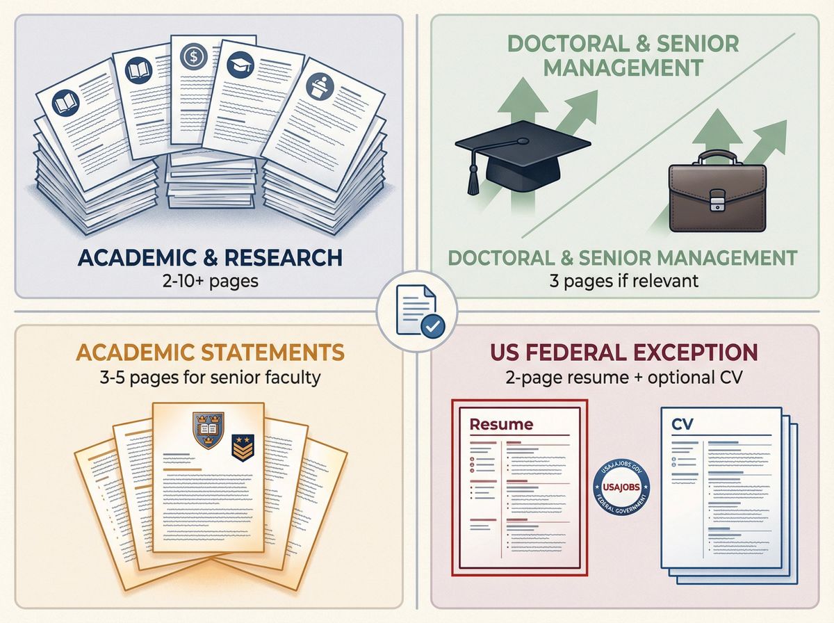 Four scenarios where 3+ page CVs are appropriate: academic research, doctoral programmes, senior management, and US federal roles