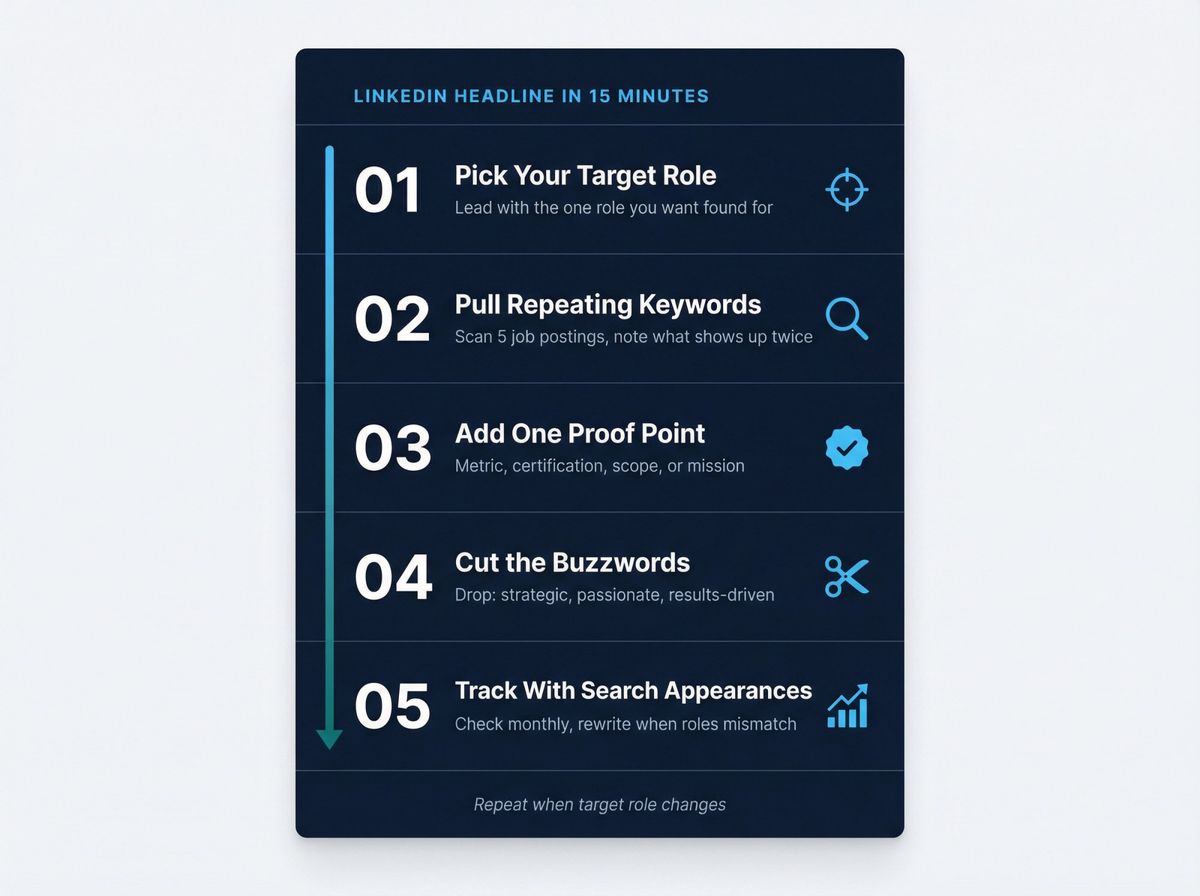 5-step process diagram for customizing a LinkedIn headline: pick role, find keywords, add proof, cut buzzwords, track results