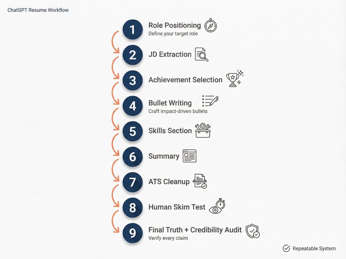 Visual flowchart showing the 9-step ChatGPT resume creation workflow from role positioning to final credibility audit