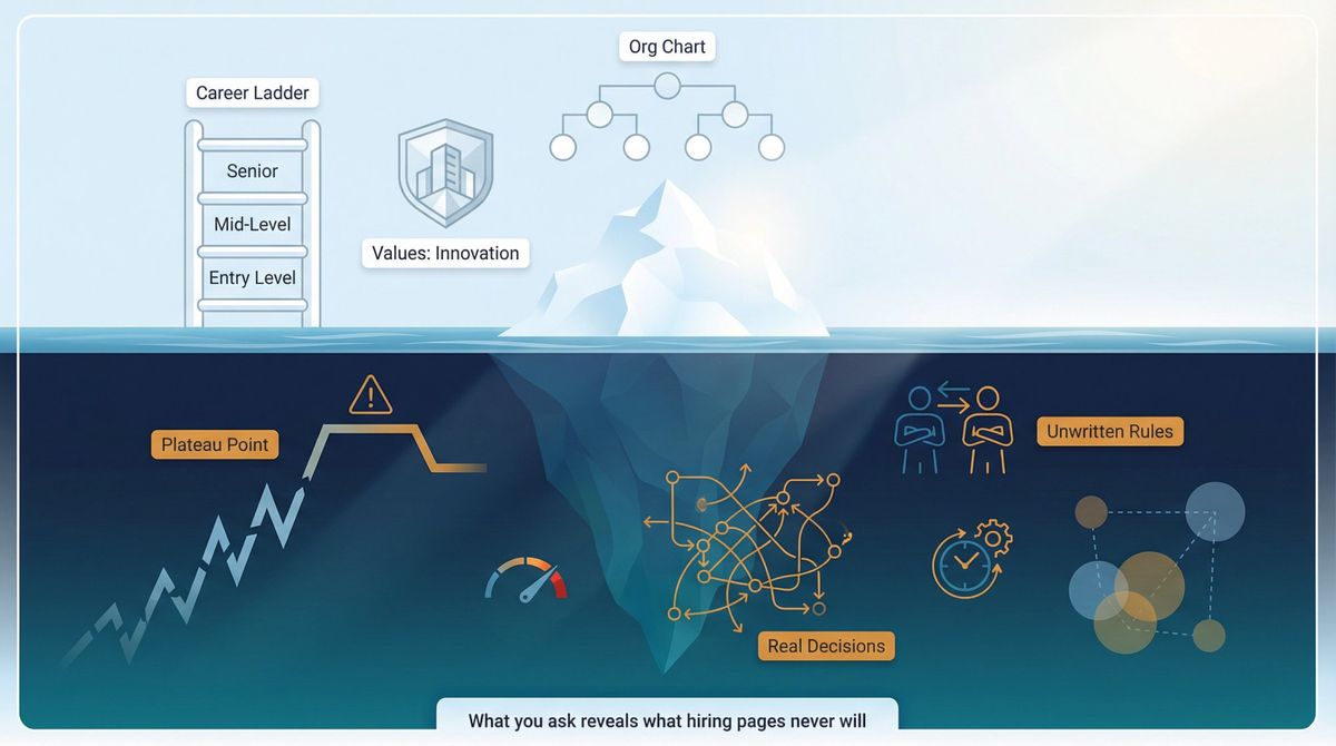 Iceberg diagram showing visible career progression above water and hidden company culture realities beneath the surface