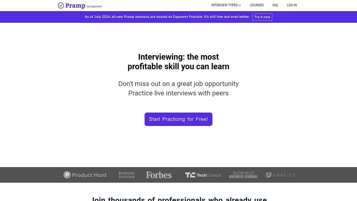 Pramp website promoting free live interview practice with peers.