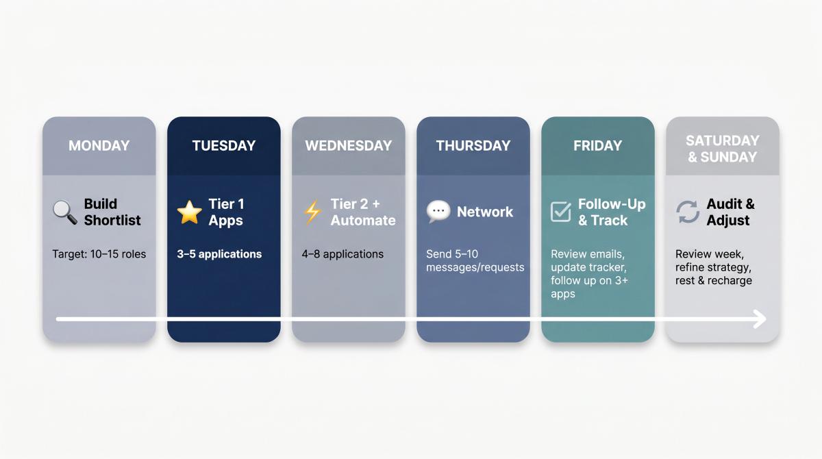 Weekly job application system planner showing Monday to Sunday tasks: shortlist, apply, automate, network, follow-up, audit