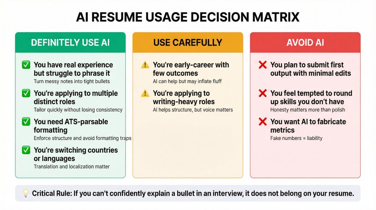 Three-panel decision matrix showing when to use AI for resumes: green zone for definite use cases, yellow zone for careful use, red zone for avoid