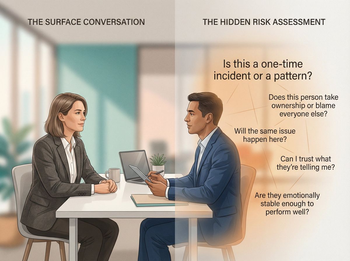Split scene showing job candidate and interviewer with thought bubbles revealing the 5 key risk-assessment questions