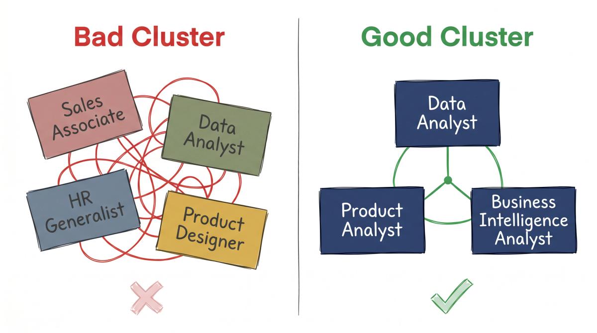 Side-by-side comparison of a bad job application cluster with scattered mismatched roles versus a good cluster with aligned roles