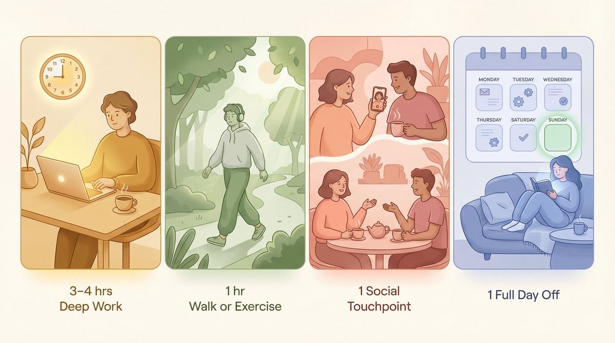 Editorial illustration of a balanced job search daily routine showing four pillars: deep work, exercise, social connection, and a rest day
