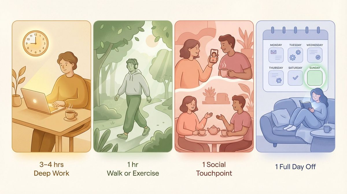 Editorial illustration of a balanced job search daily routine showing four pillars: deep work, exercise, social connection, and a rest day
