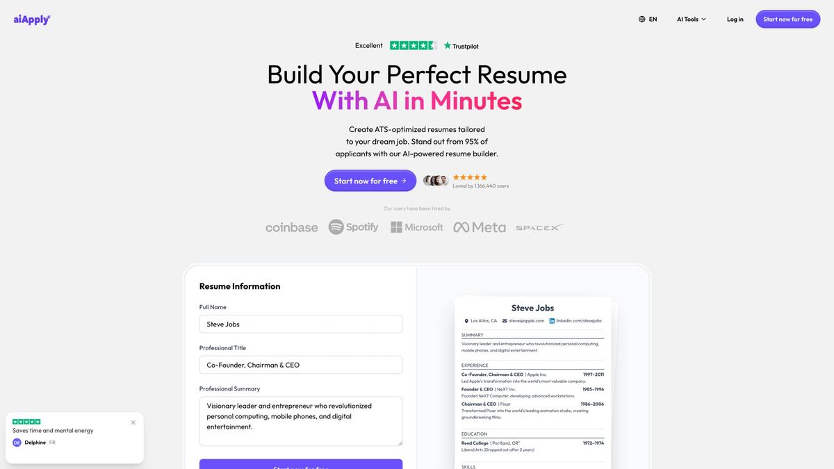 AIApply Resume Builder showing job-tailored resume generation with ATS keyword matching