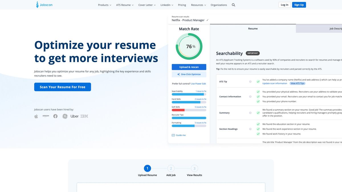 Jobscan homepage showing ATS resume optimization tools and keyword matching features used by job seekers worldwide