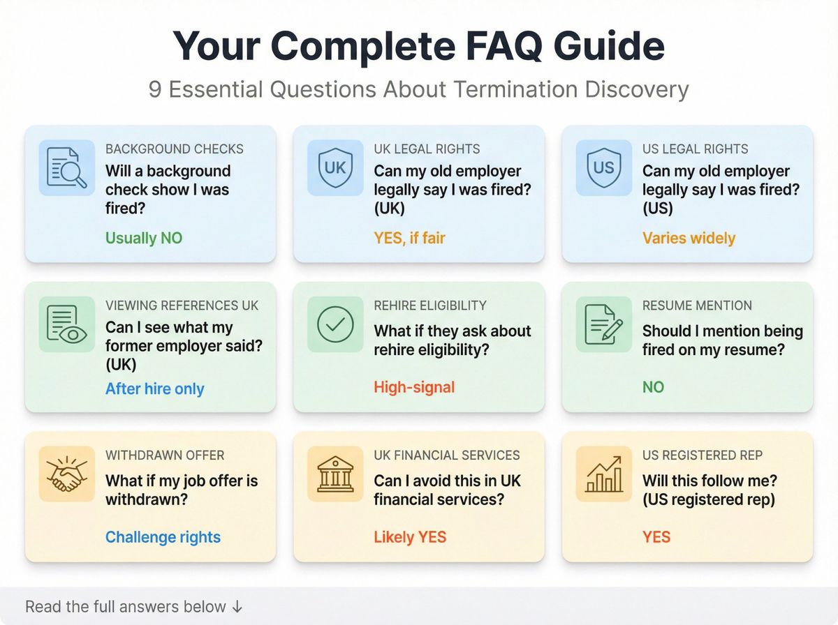 Comprehensive FAQ navigation showing 9 key question categories about termination discovery, organized by verification methods, legal rights, and industry contexts