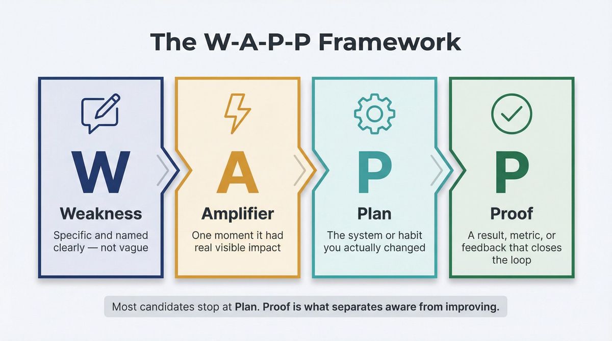The W-A-P-P Framework: four-step horizontal infographic showing Weakness, Amplifier, Plan, and Proof for structuring interview answers