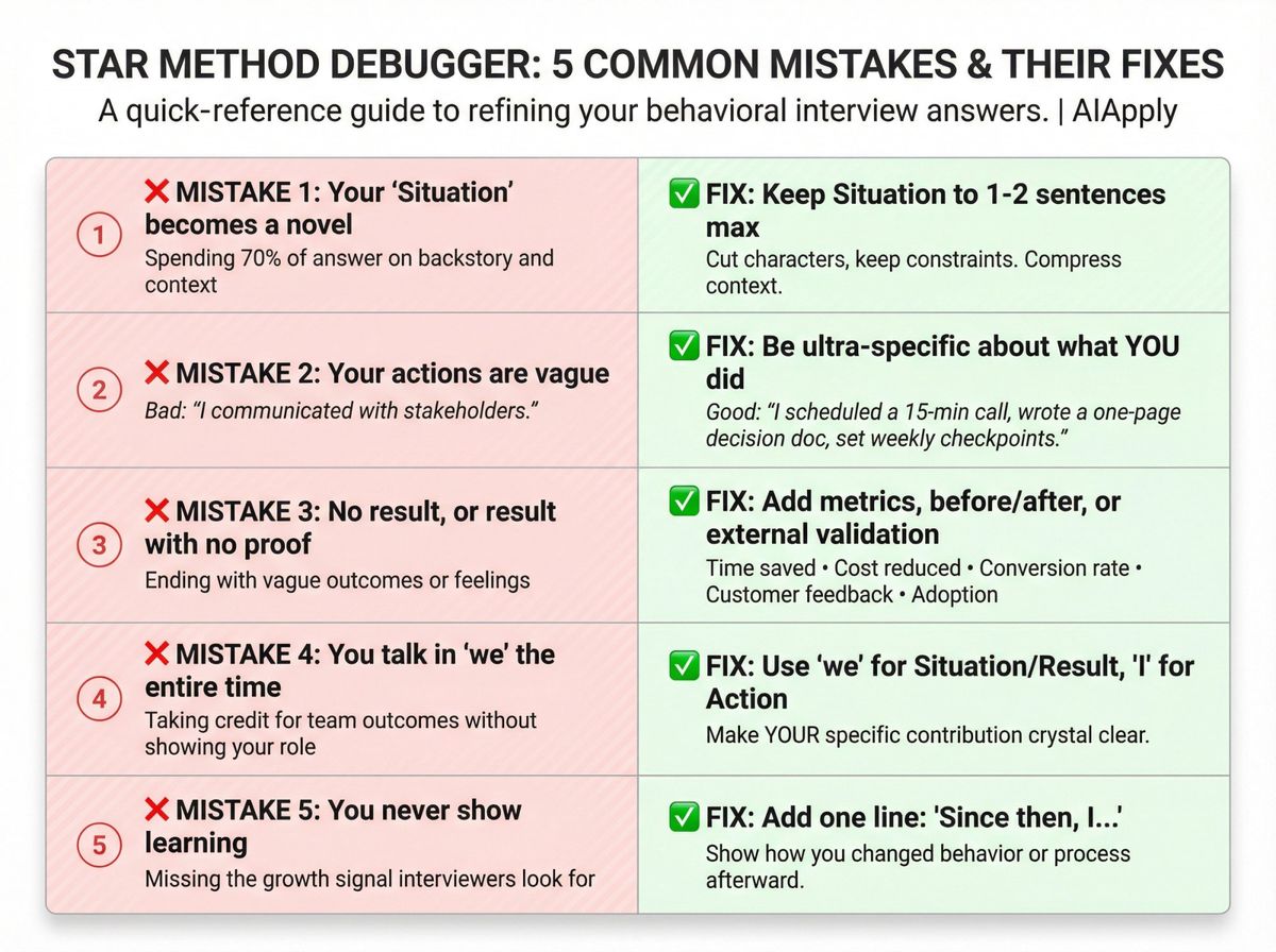 Before-and-after comparison showing 5 common STAR method interview mistakes with specific fixes for each