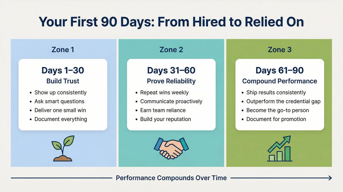 First 90 days on the job roadmap: three milestone zones showing how to build trust and reputation without a degree