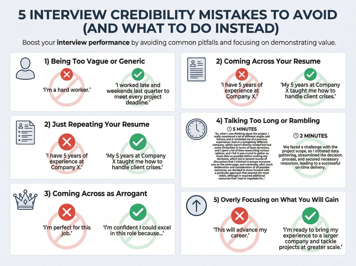 Five common interview mistakes that damage credibility with crossed-out examples and better alternatives