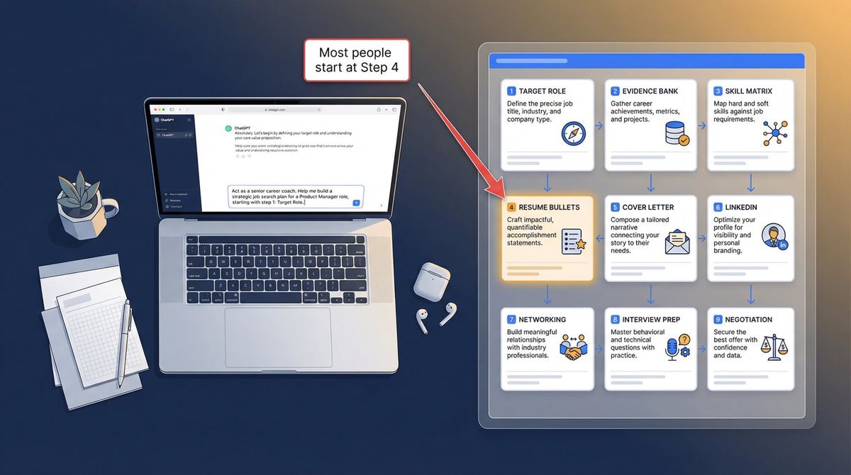 Illustrated 9-step ChatGPT job search system overview showing strategy planning from target role to interview prep