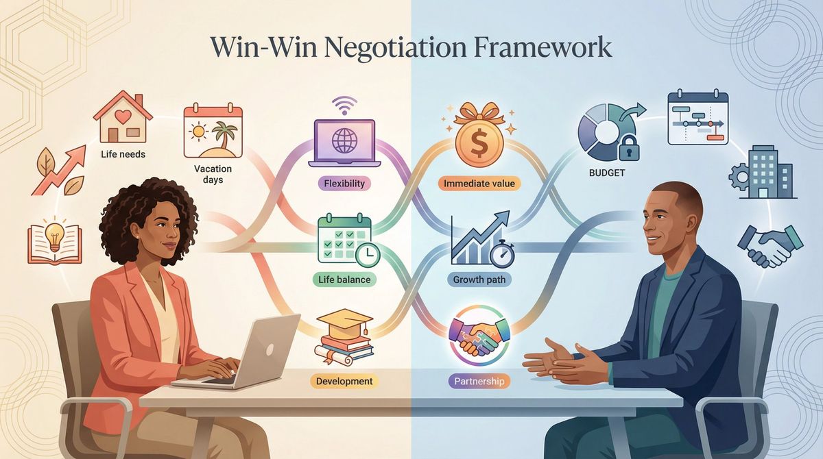 Professional illustration showing collaborative salary negotiation with floating compensation elements representing win-win thinking