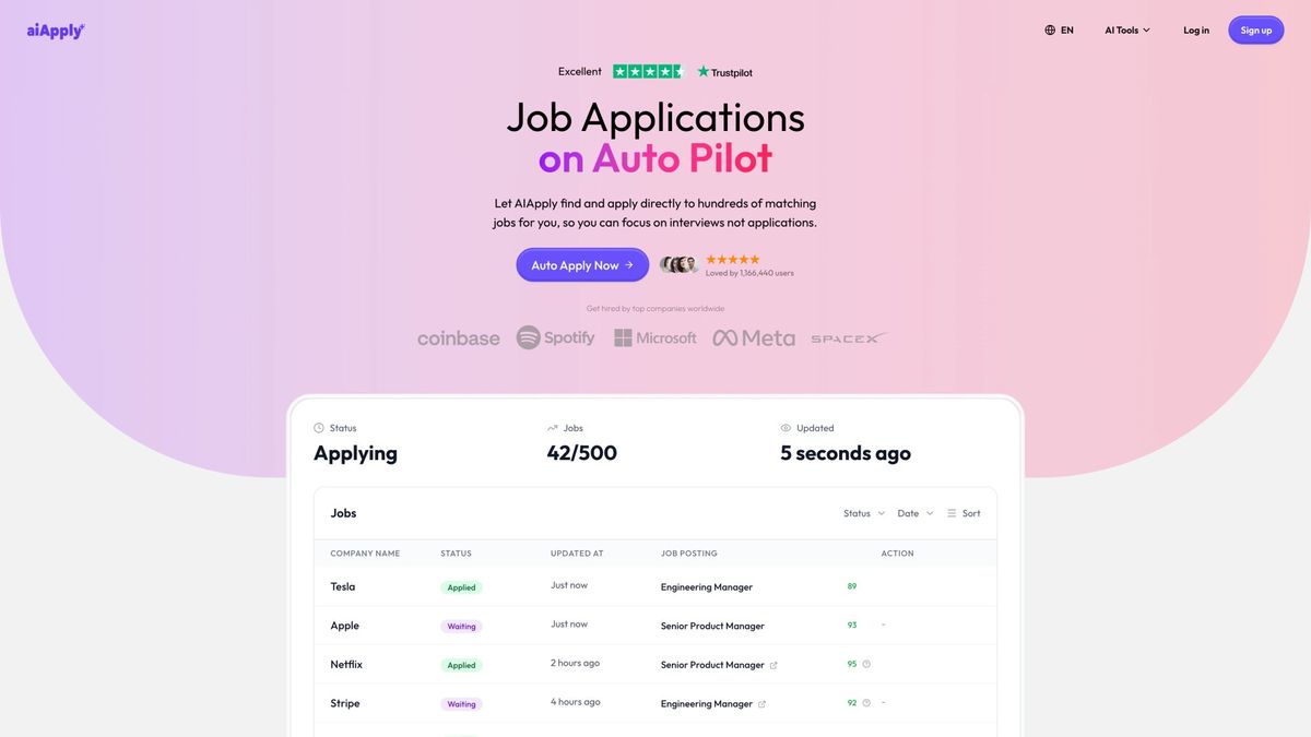 AIApply Auto Apply dashboard showing 42 of 500 jobs applied with live status tracking for Tesla, Apple, Netflix, and Stripe applications