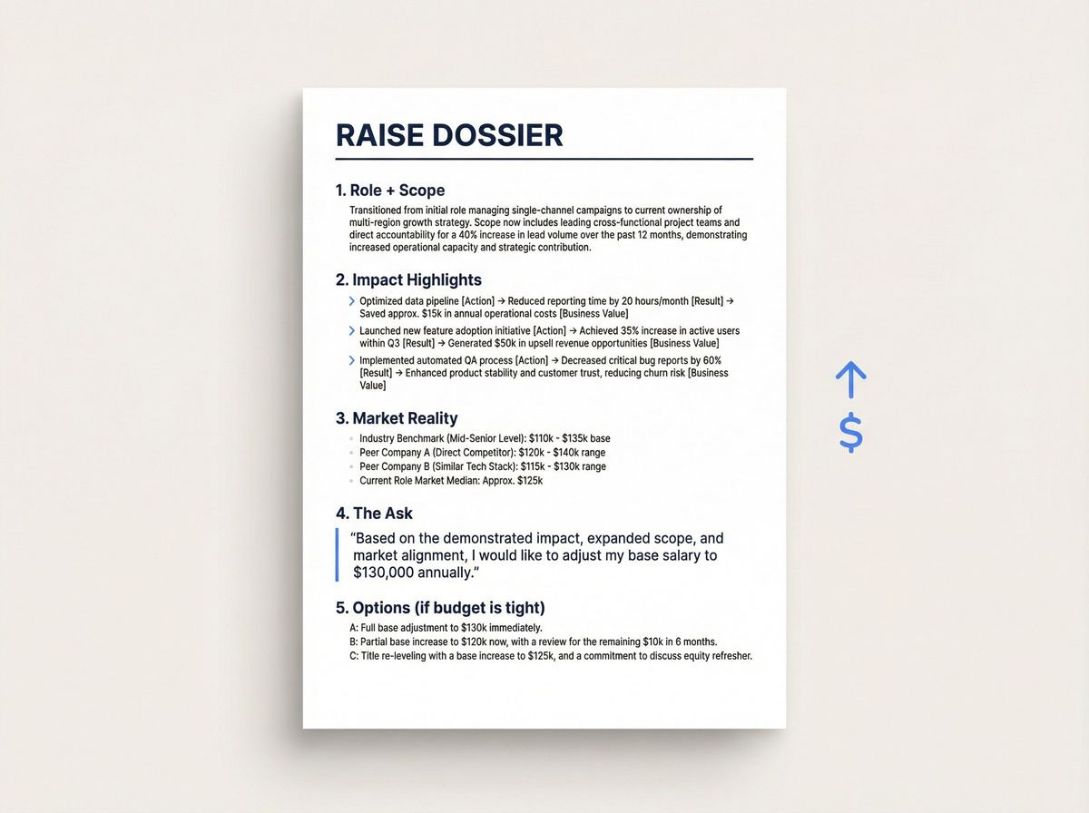 The Raise Dossier: a clean one-page document template showing five labeled sections for building a manager-ready raise case