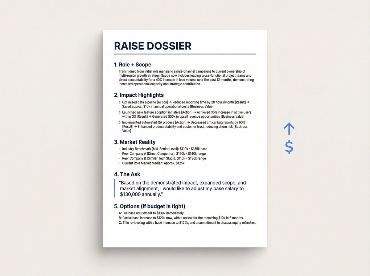 The Raise Dossier: a clean one-page document template showing five labeled sections for building a manager-ready raise case