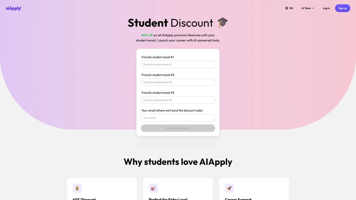 AIApply Students page offering 40% discount on all premium features for students using their university email address