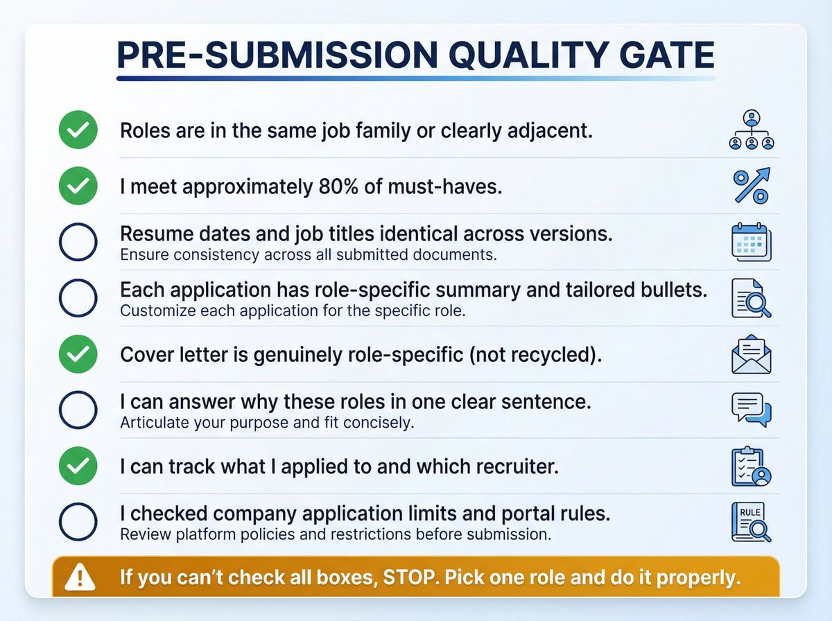 Visual checklist with 8 verification checkpoints for applying to multiple jobs at one company, styled as a professional quality control gate