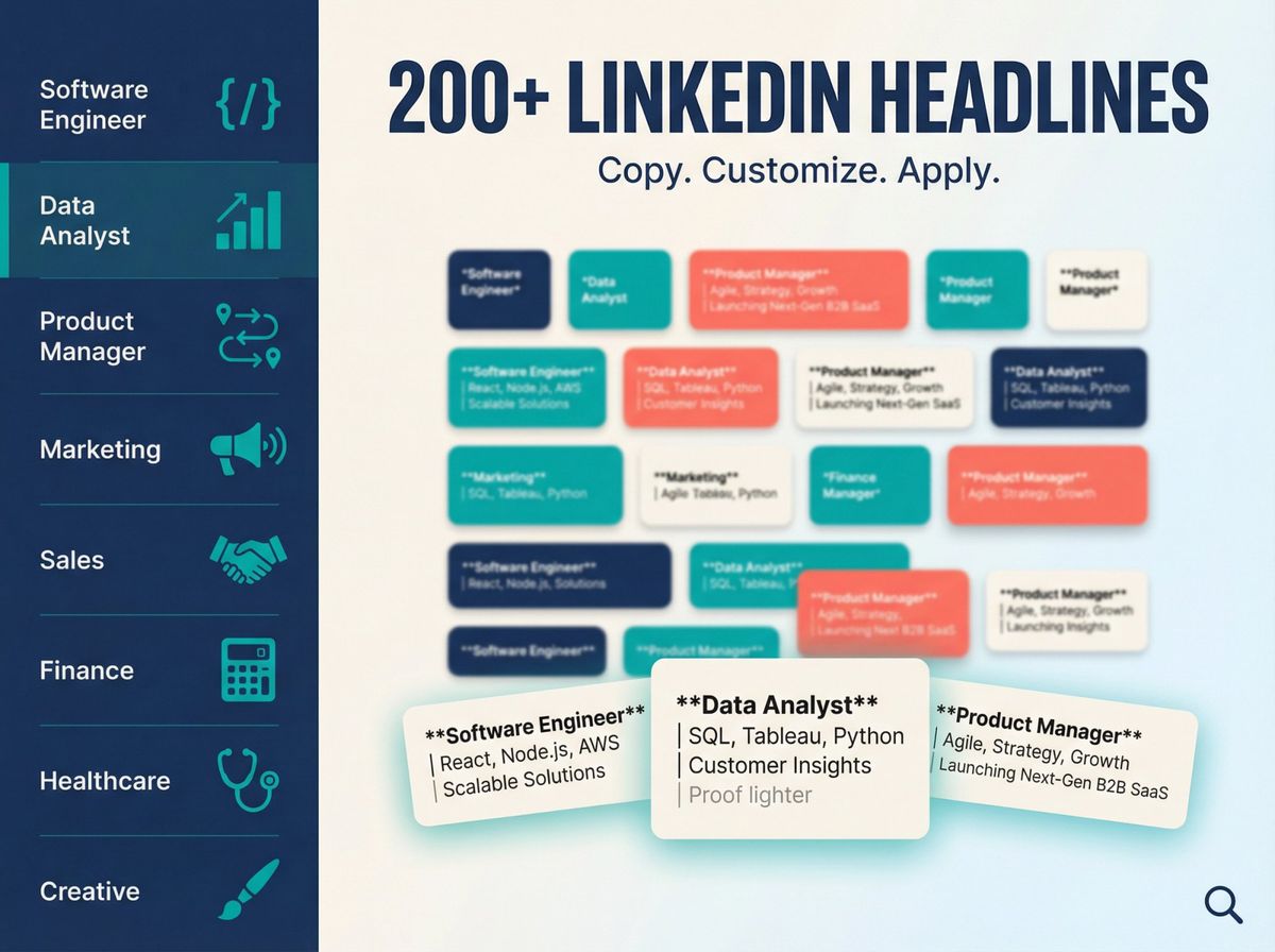 Organized library of 200+ LinkedIn headline examples categorized by role and industry with visual taxonomy