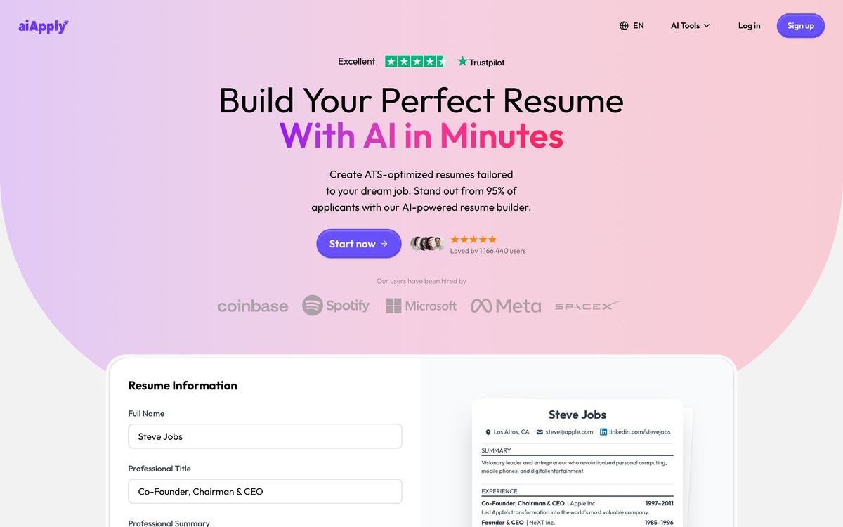 Homepage of an AI-powered resume builder showing a form and a sample resume for Steve Jobs.
