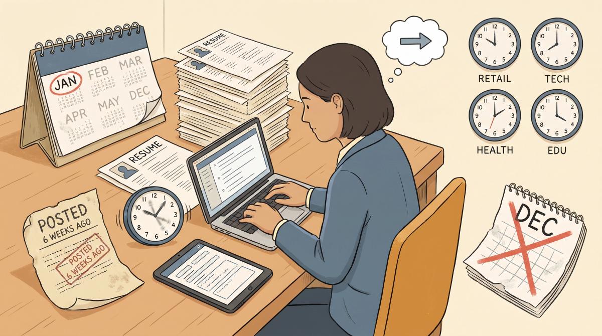 Editorial illustration of a job seeker surrounded by common timing mistakes that quietly undermine a job search strategy