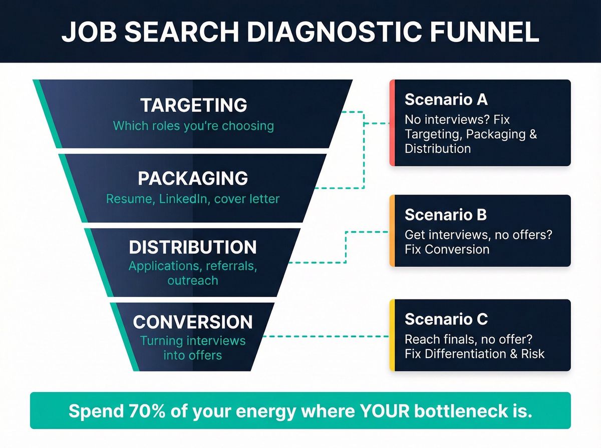 Four-stage job search funnel diagram showing Targeting, Packaging, Distribution, and Conversion with bottleneck indicators