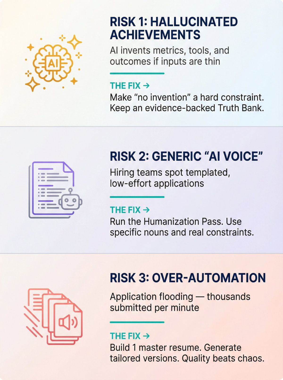 Three-panel warning infographic showing AI resume risks with solutions: hallucinated achievements, generic AI voice, and application flooding