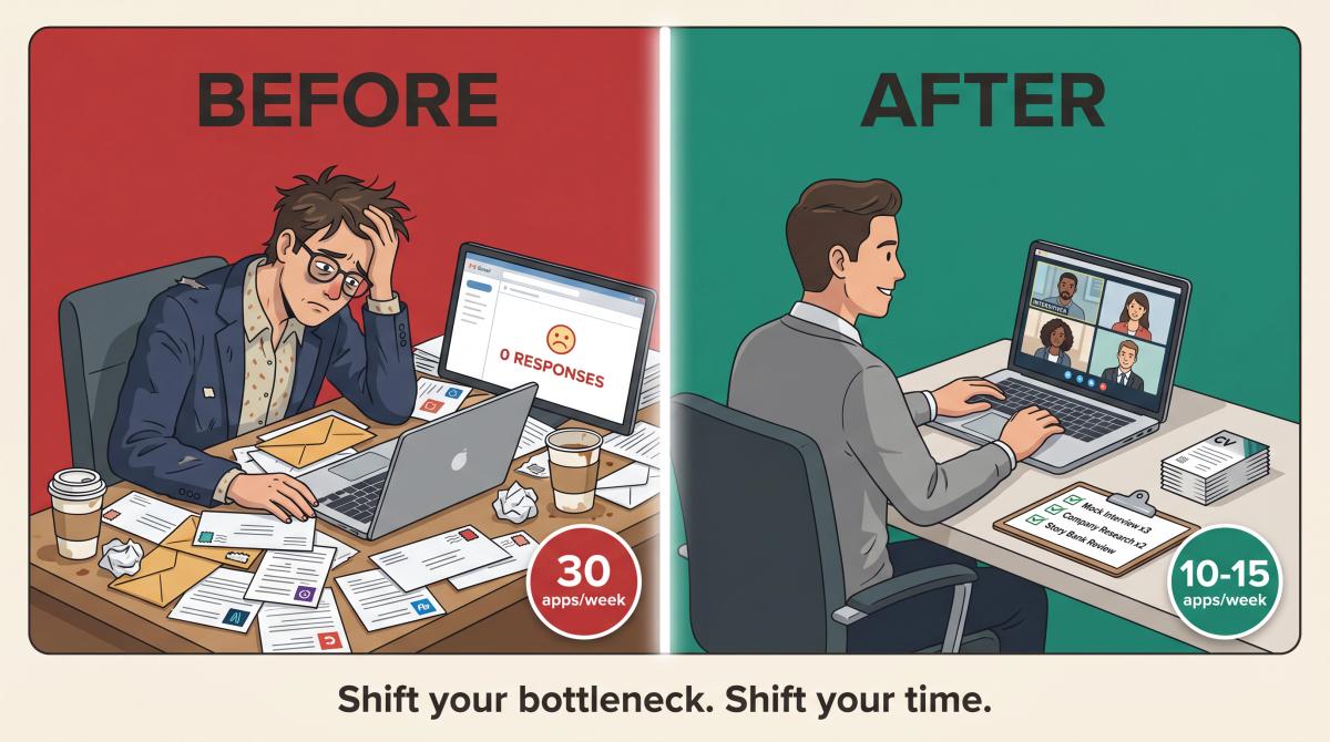 Split-panel illustration: left side shows job seeker overwhelmed by 30 applications, right side shows calm focused interview prep with 10-15 targeted roles
